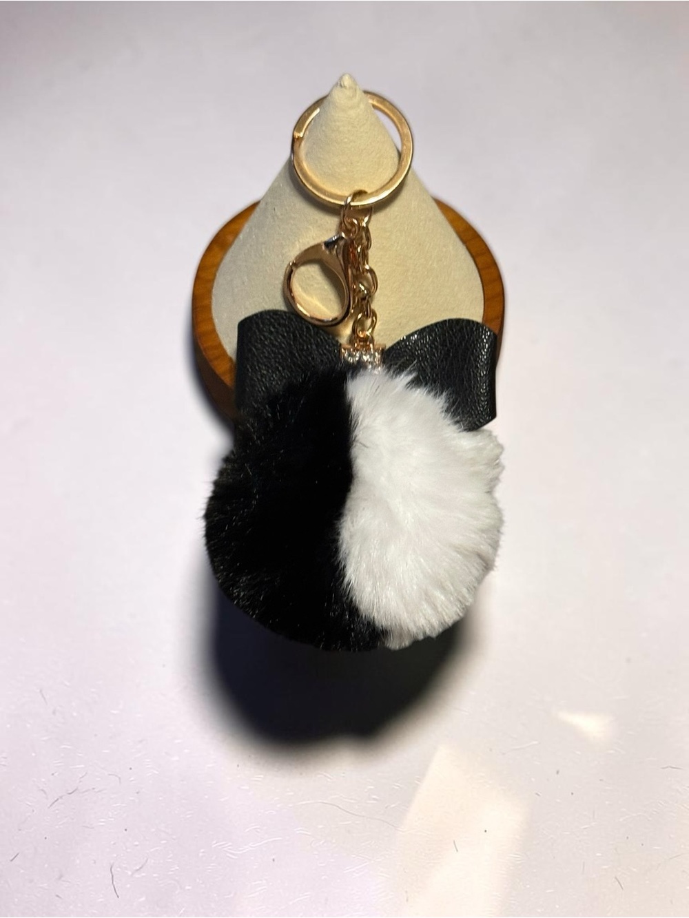 Black & White Pom Pom Keychain with Bow NIP